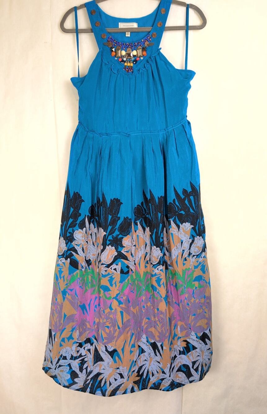 Anthropologie Moulinette Soeurs Island Nightfall blue silk beaded dress 6 Boho
